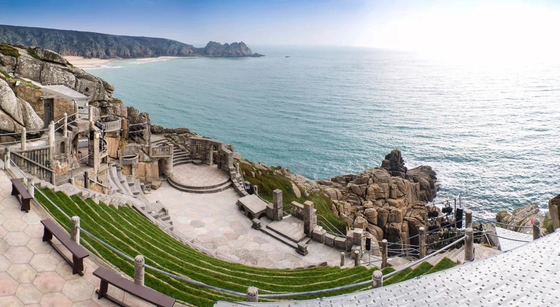 minack theatre view out to atlantic sea in cornwall