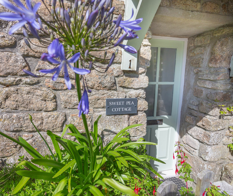 Cottage exterior front door view of Sweet Pea holiday cottage in Penzance Cornwall