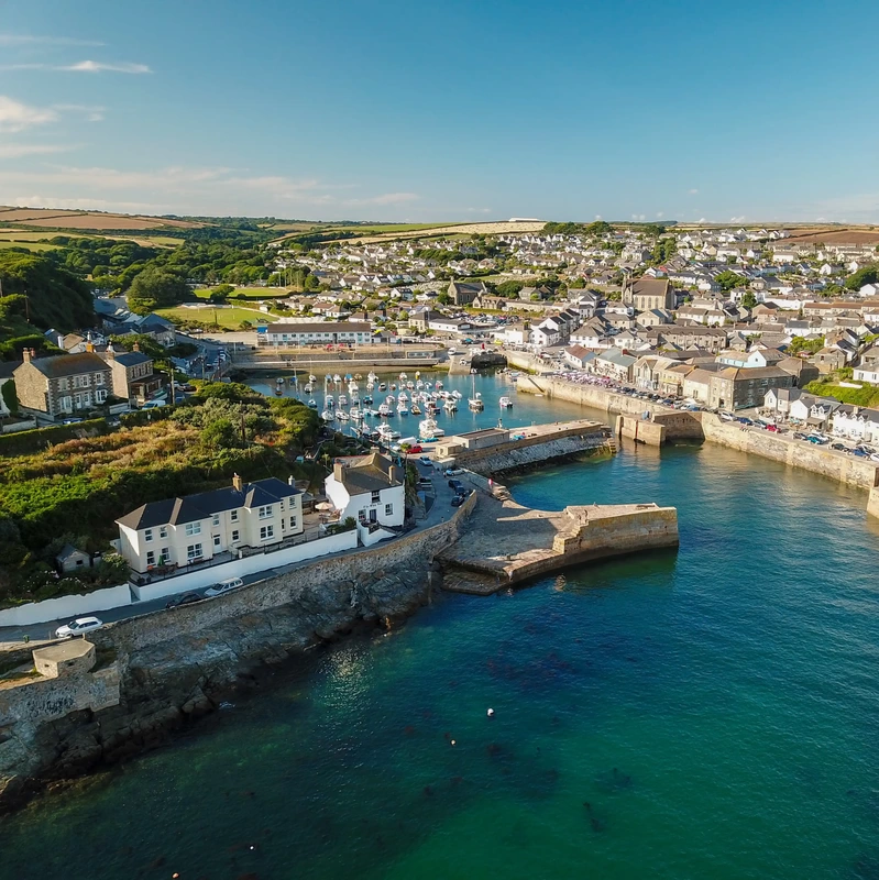 drone shot of Porthleven harbour